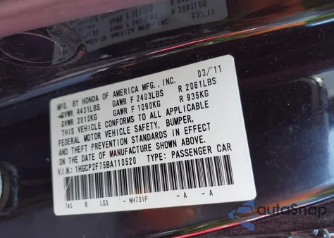 2011 Honda Accord Ex z USA, uszkodzony, nr VIN 1HGCP2F75BA110520